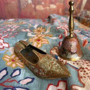 Vintage Brass & Enamel Shoe Ashtray + Hand Bell Set | Made in India